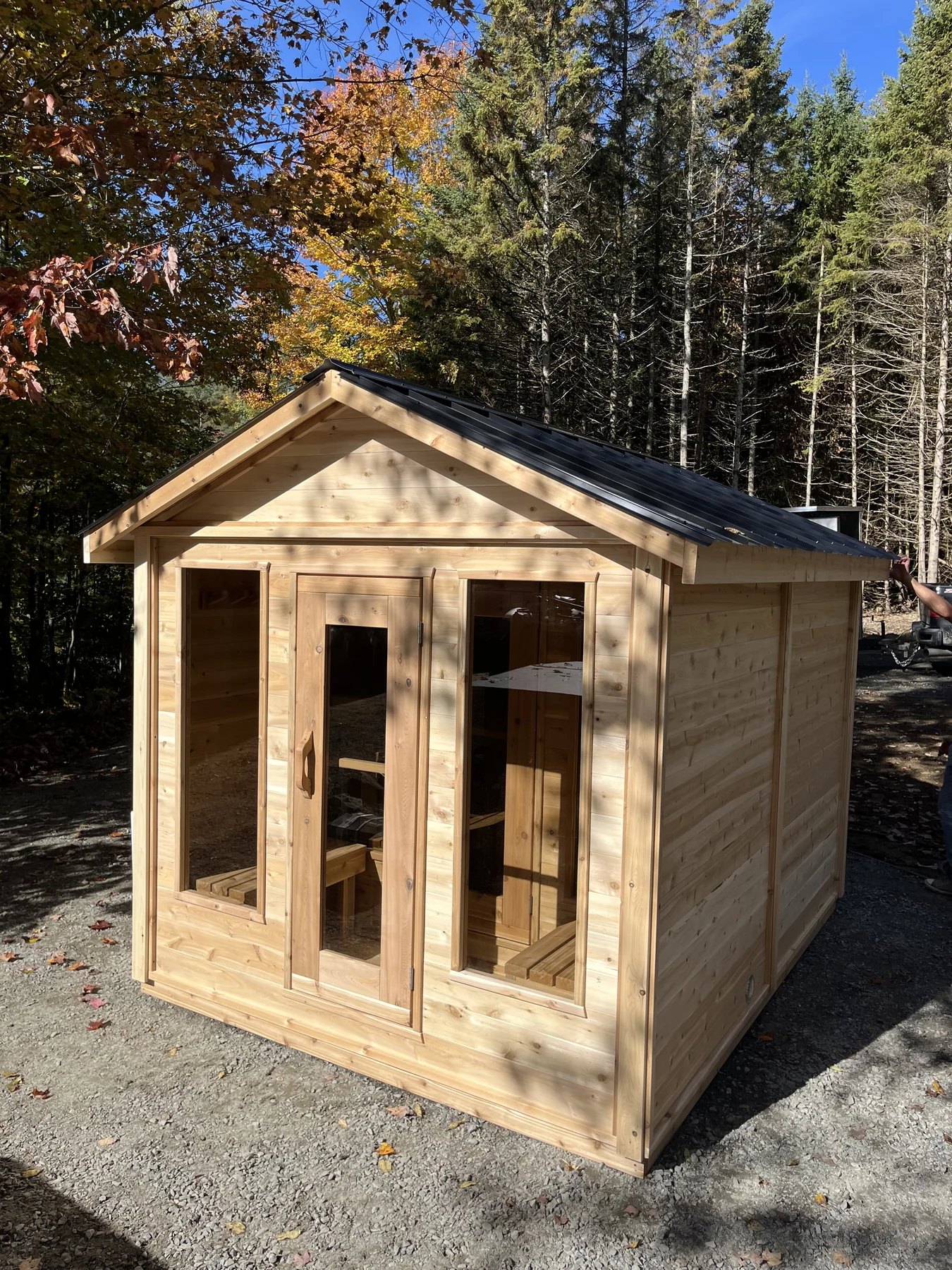 Finished pitched-roof Shed with three-window/door front