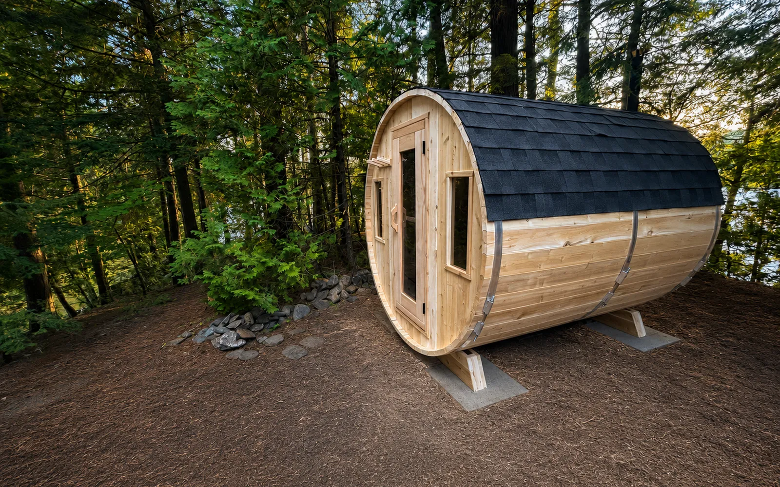 Canadian cedar barrel sauna in an Ontario landscape